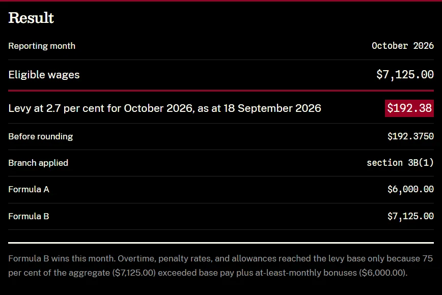 Coal LSL calculator result showing Formula B, eligible wages, levy and the applied section 3B branch for a synthetic example